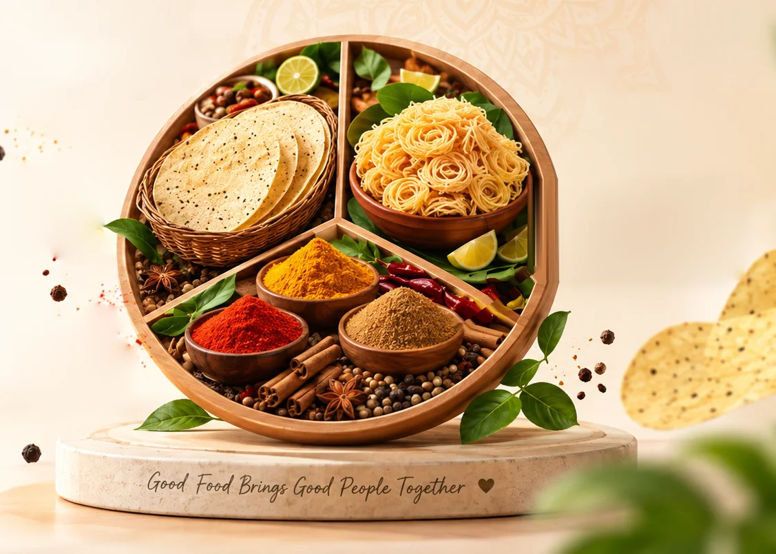A wooden tray of papad, khurdai and freshly ground masalas on a stone stand
